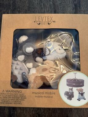Levtex Baby Woodland Musical Mobile - Gray Cream Brown Plush Animals